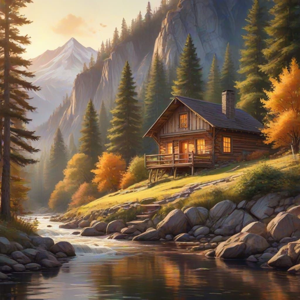 Cabin in Woods: Watercolor Mountain Landscape at Dusk