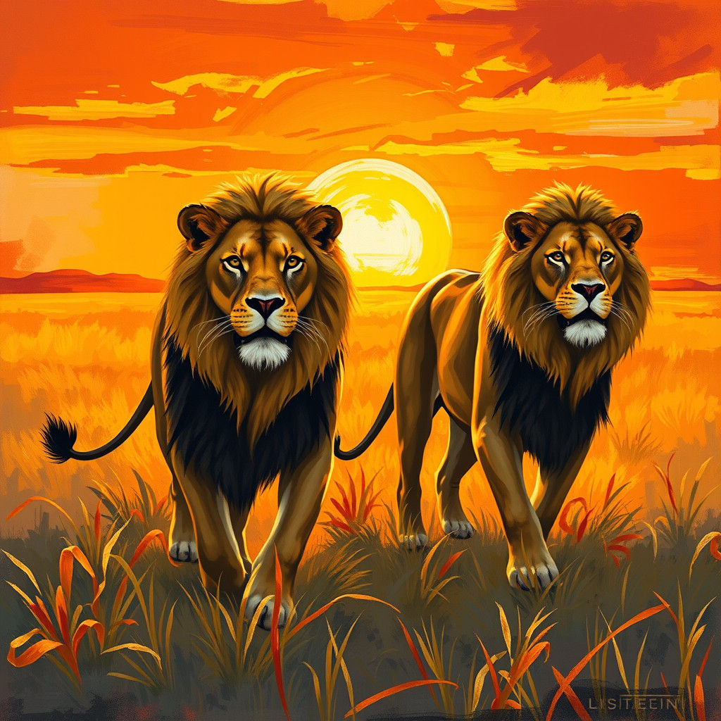 Lions Striding Across Savannah at Sunset