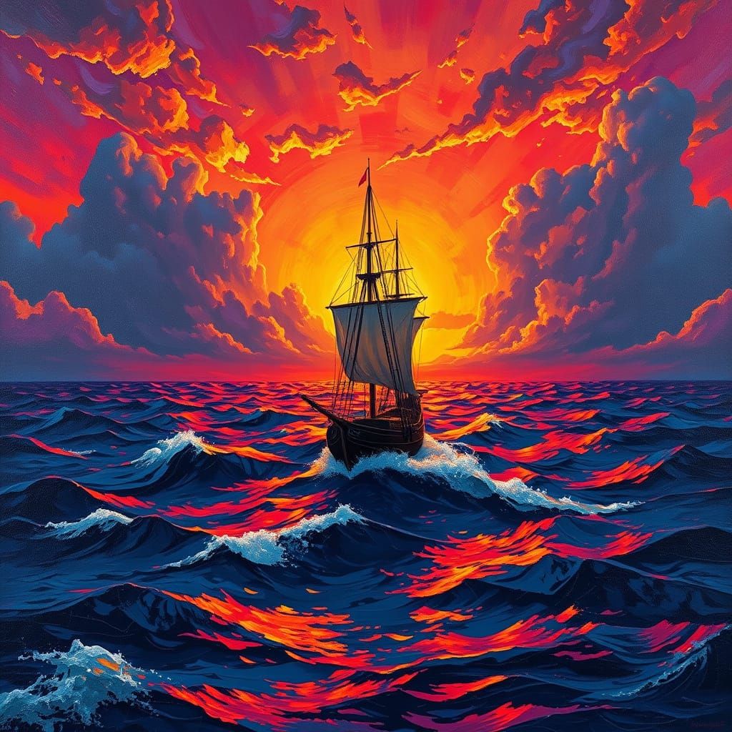 Ancient Ship on Turbulent Ocean at Dramatic Sunset