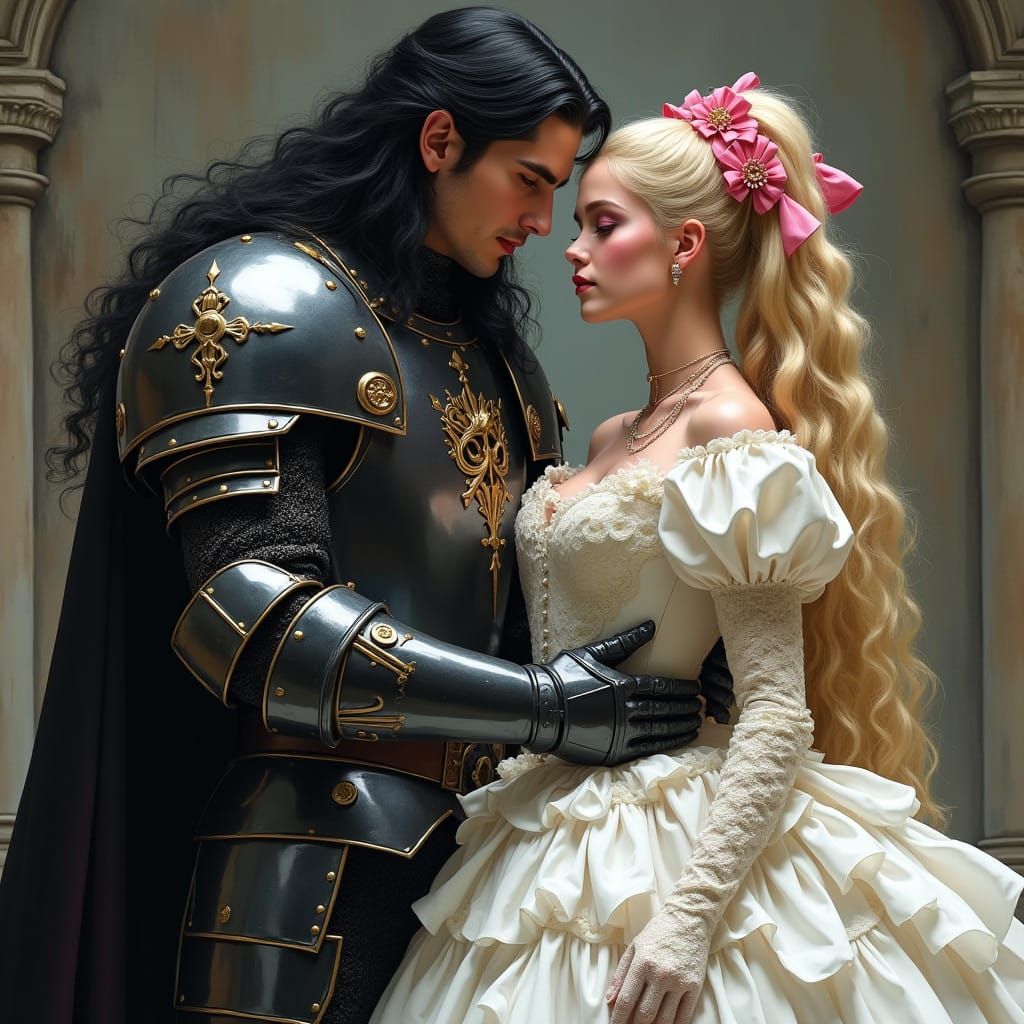 Dark Royal Knight's Regal Bride in Whimsical Fantasy Armor