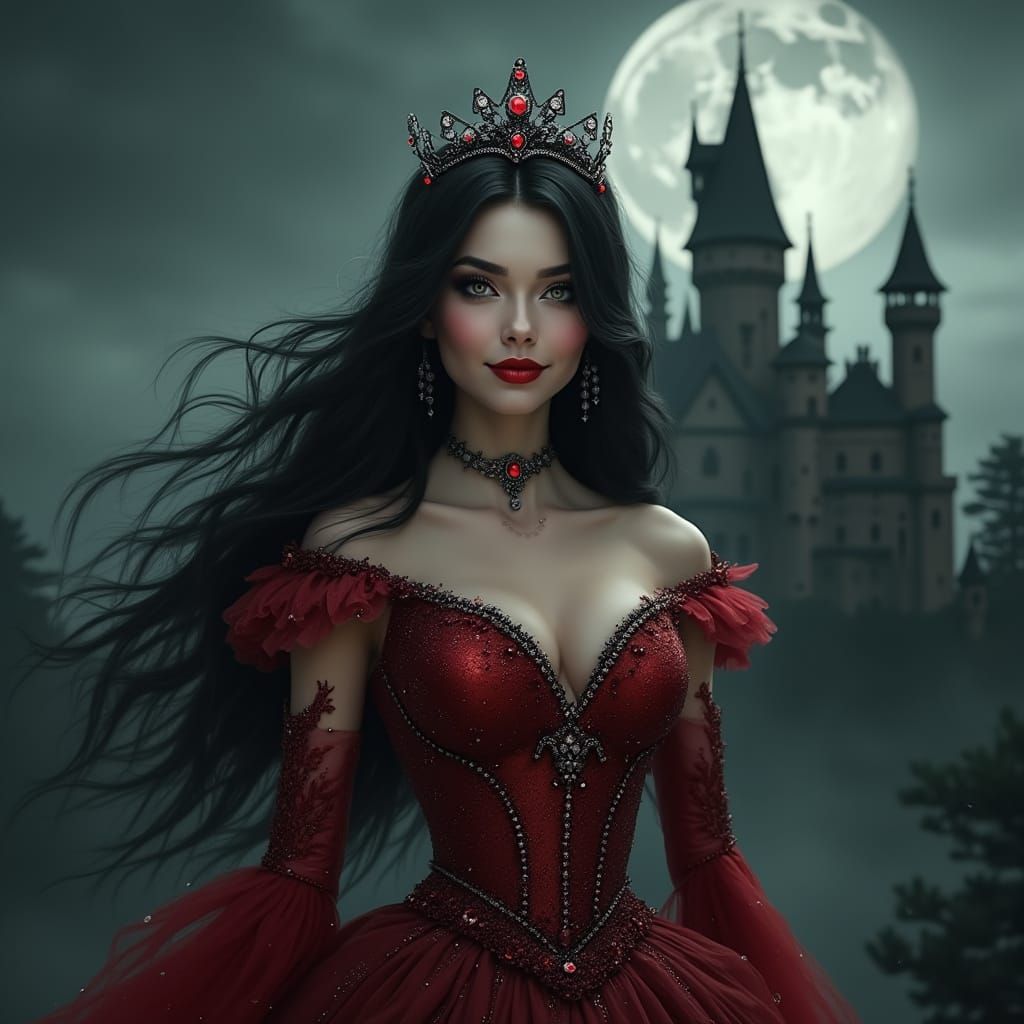 Gothic Princess in Crimson and Ebony Gown with Rhinestones