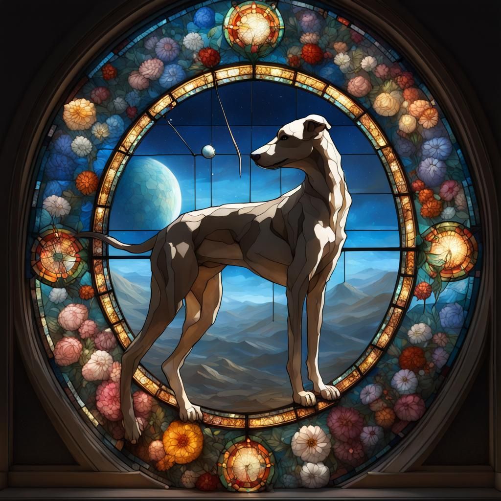 Celestial Stained Glass Greyhound with Constellations