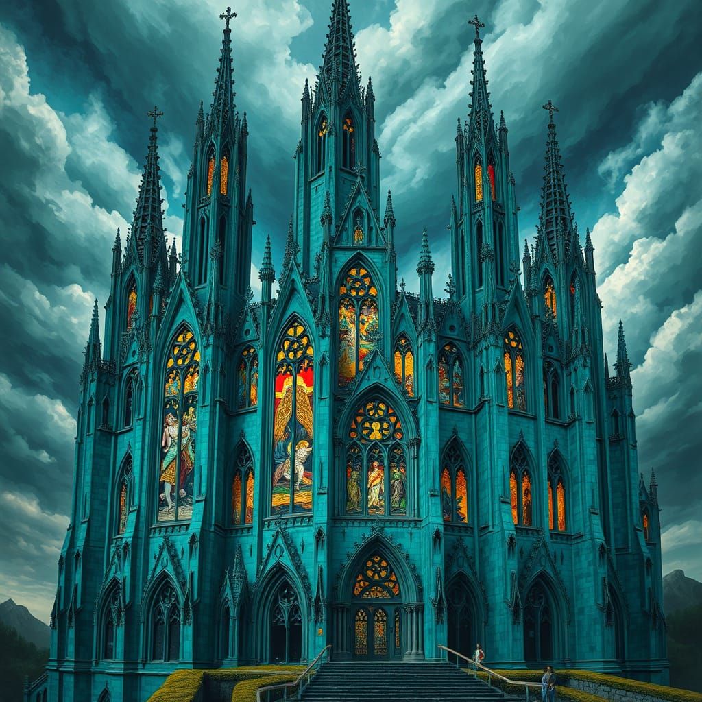 Turquoise Gothic Cathedral with Stormy Sky, Surreal Architec...