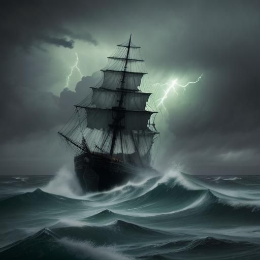 Old Ship on Stormy Sea in Eerie Surrealism