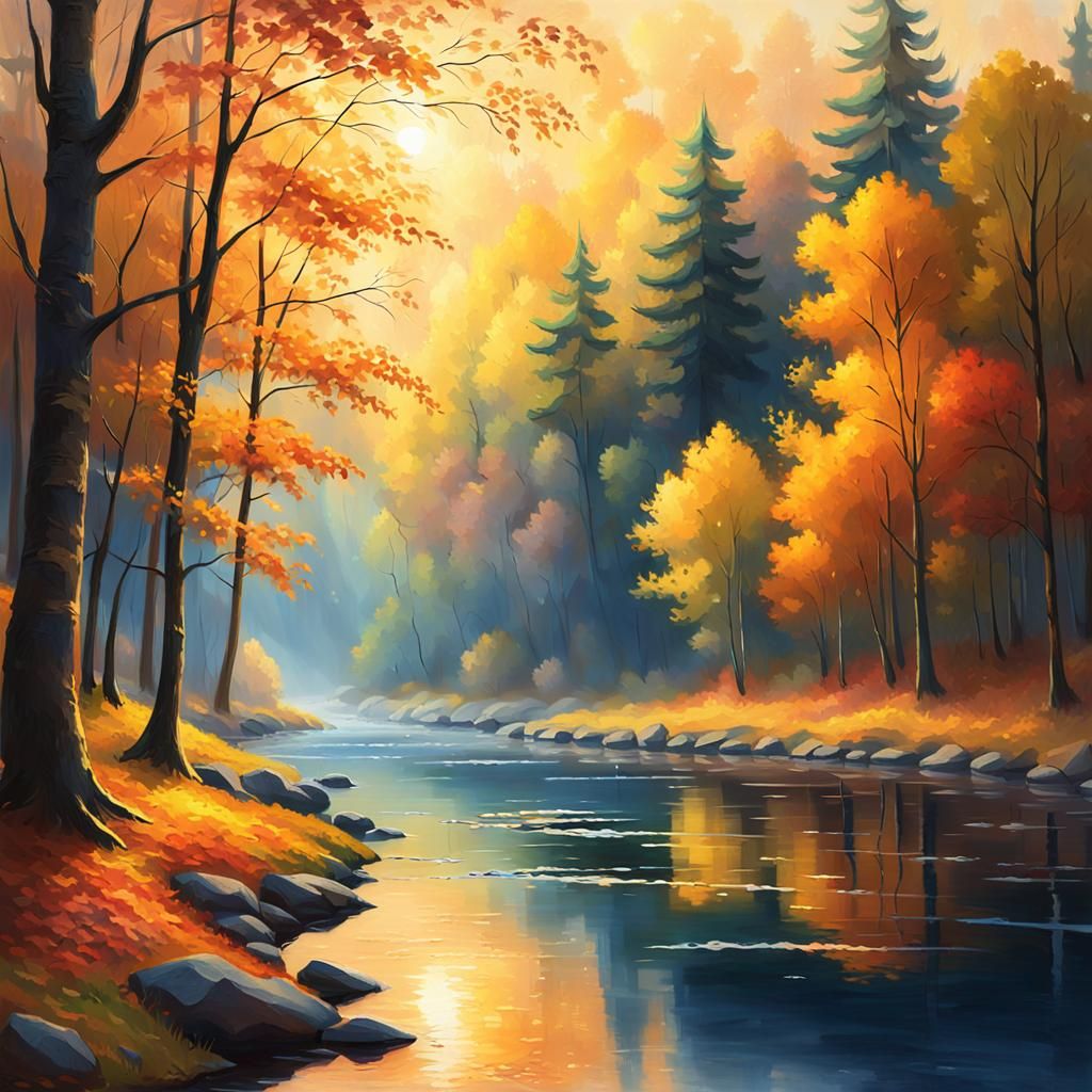 Autumn River in Golden Light: Impressionist Painting