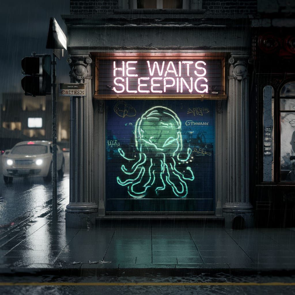 Cthulhu Graffiti in Rainy Cityscape