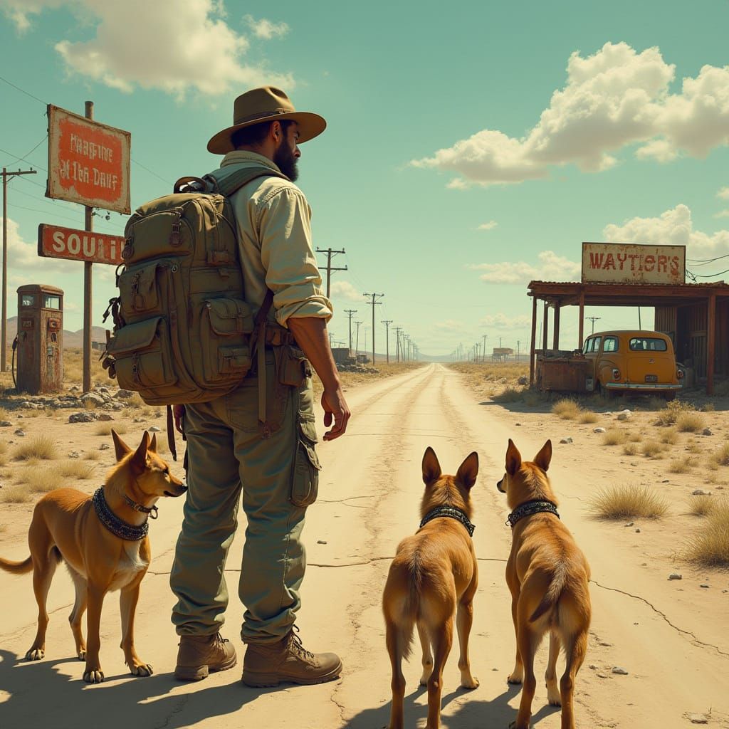Loyal Canine Companions Stand Guard Beside a Weathered Trave...