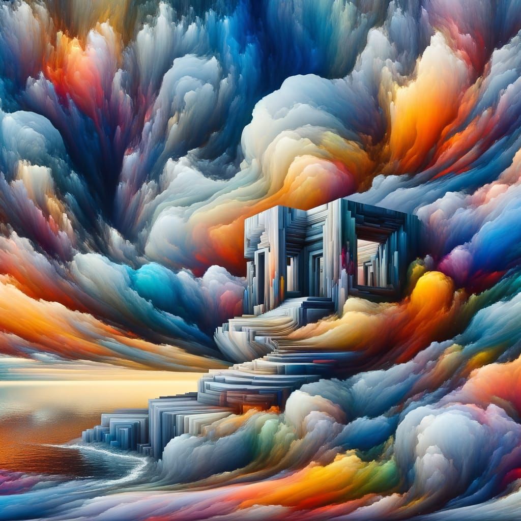Vibrant Abstract Ocean Scene with Mysterious Sandcastle and ...