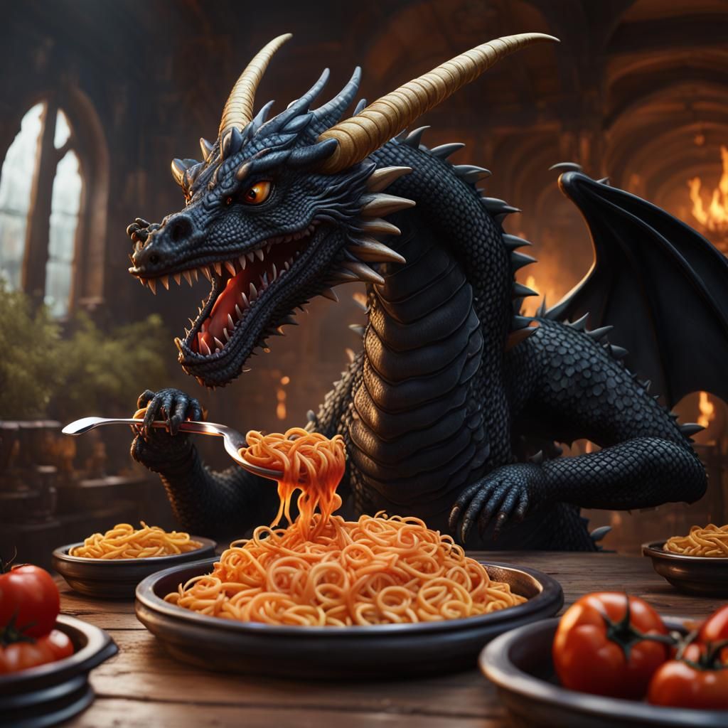 Black Dragon Enjoying Macaroni, Detailed Matte Painting