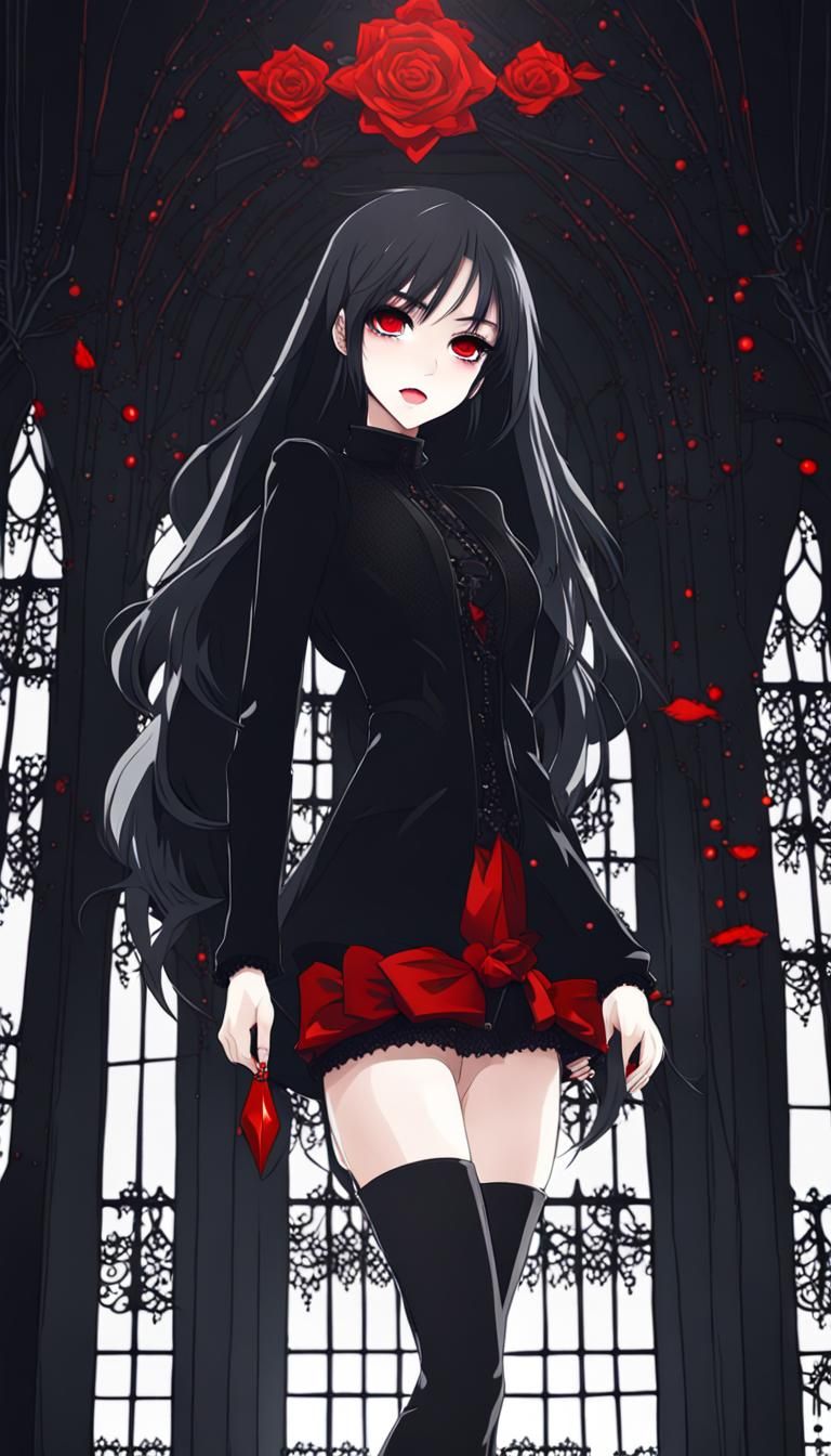 Anime Girl with Red Eyes in Dark Castle