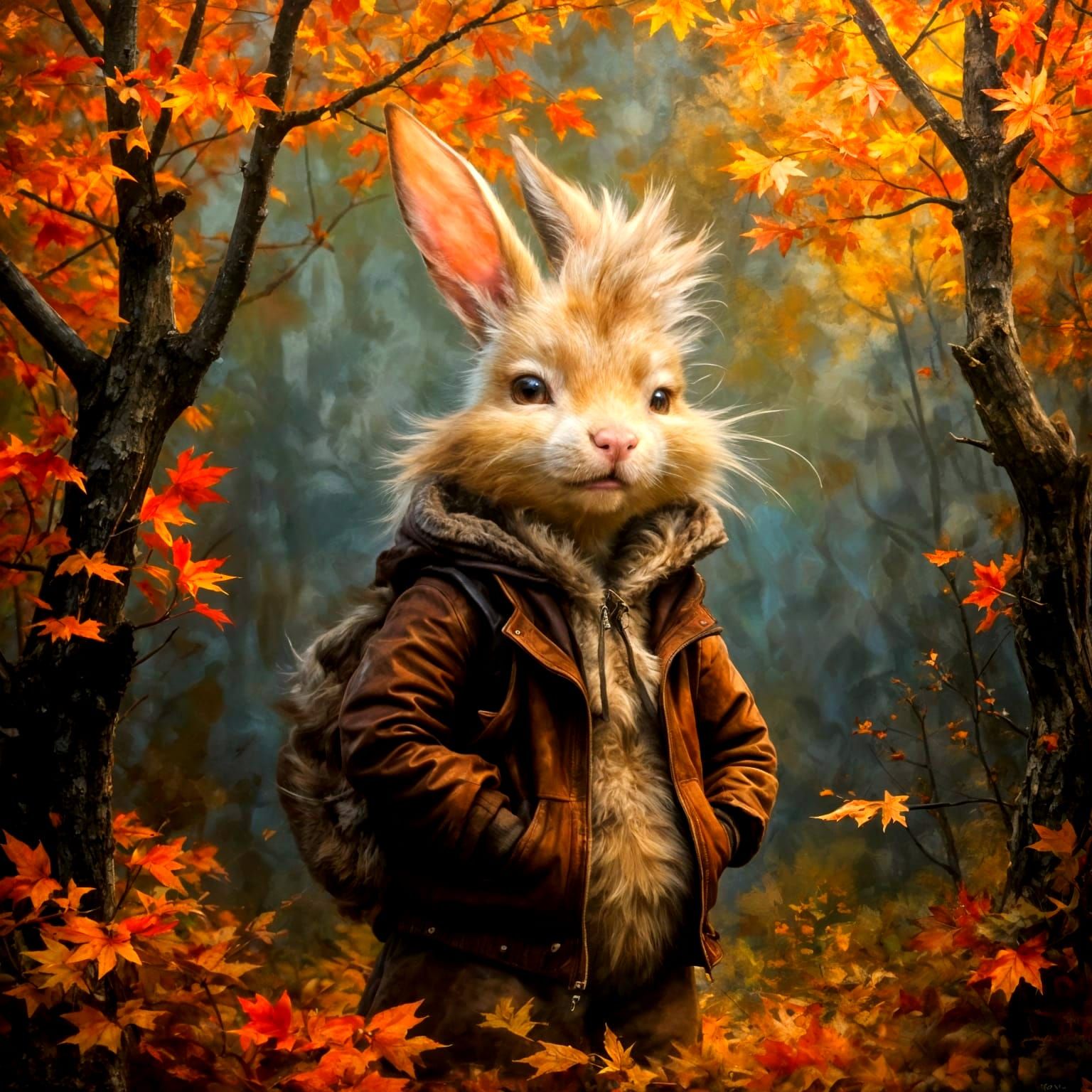 1970s Bunny in Autumn Forest Oil Painting