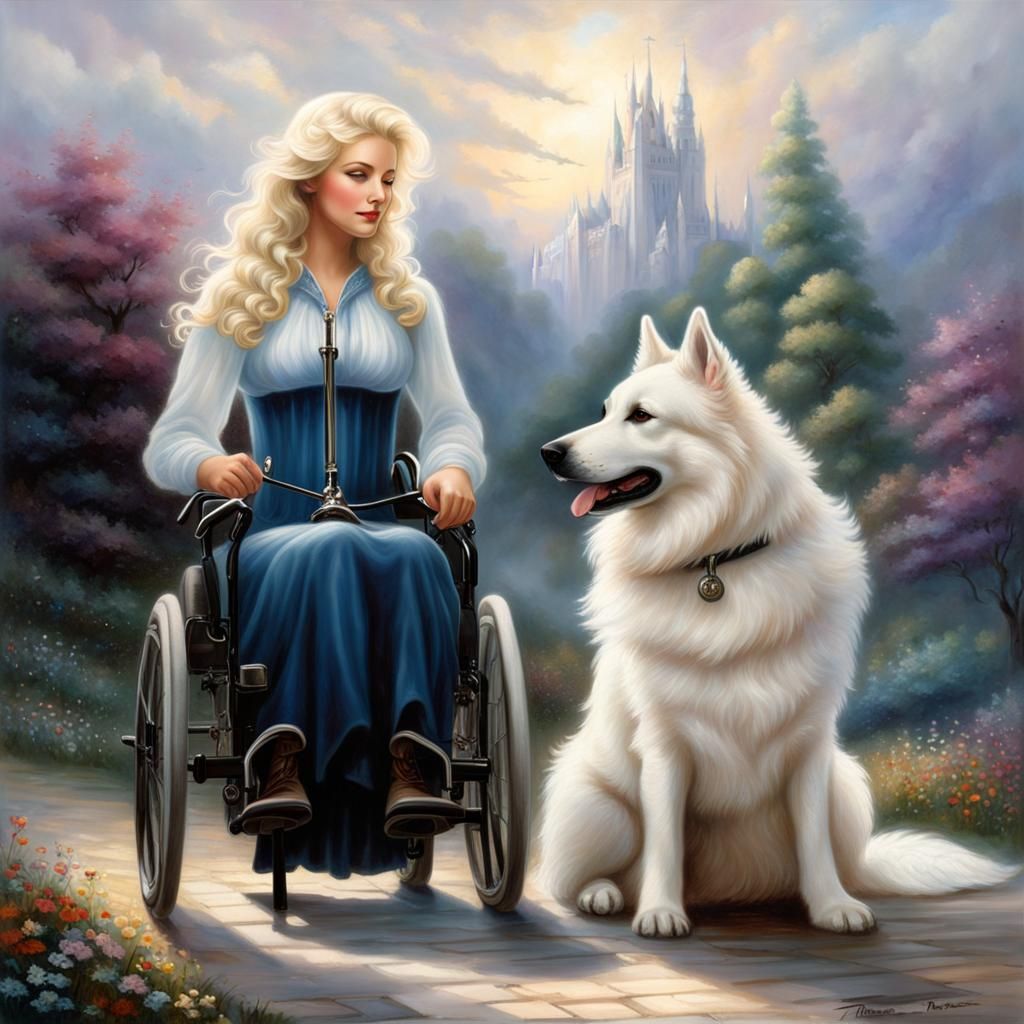 Woman in Wheelchair with Dog in Ethereal Style
