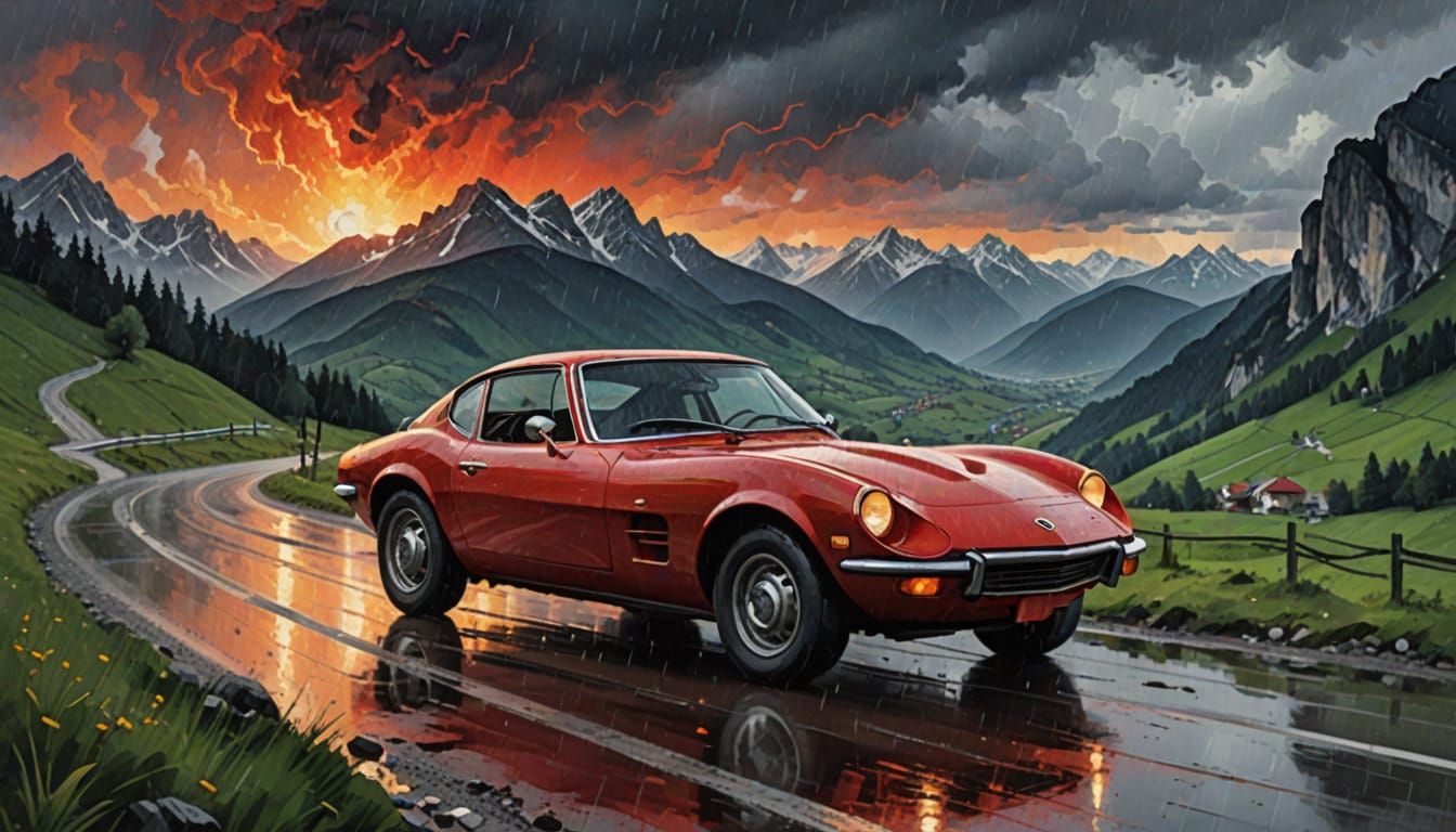 Red Opel GT on Mountain Road as Impasto Painting