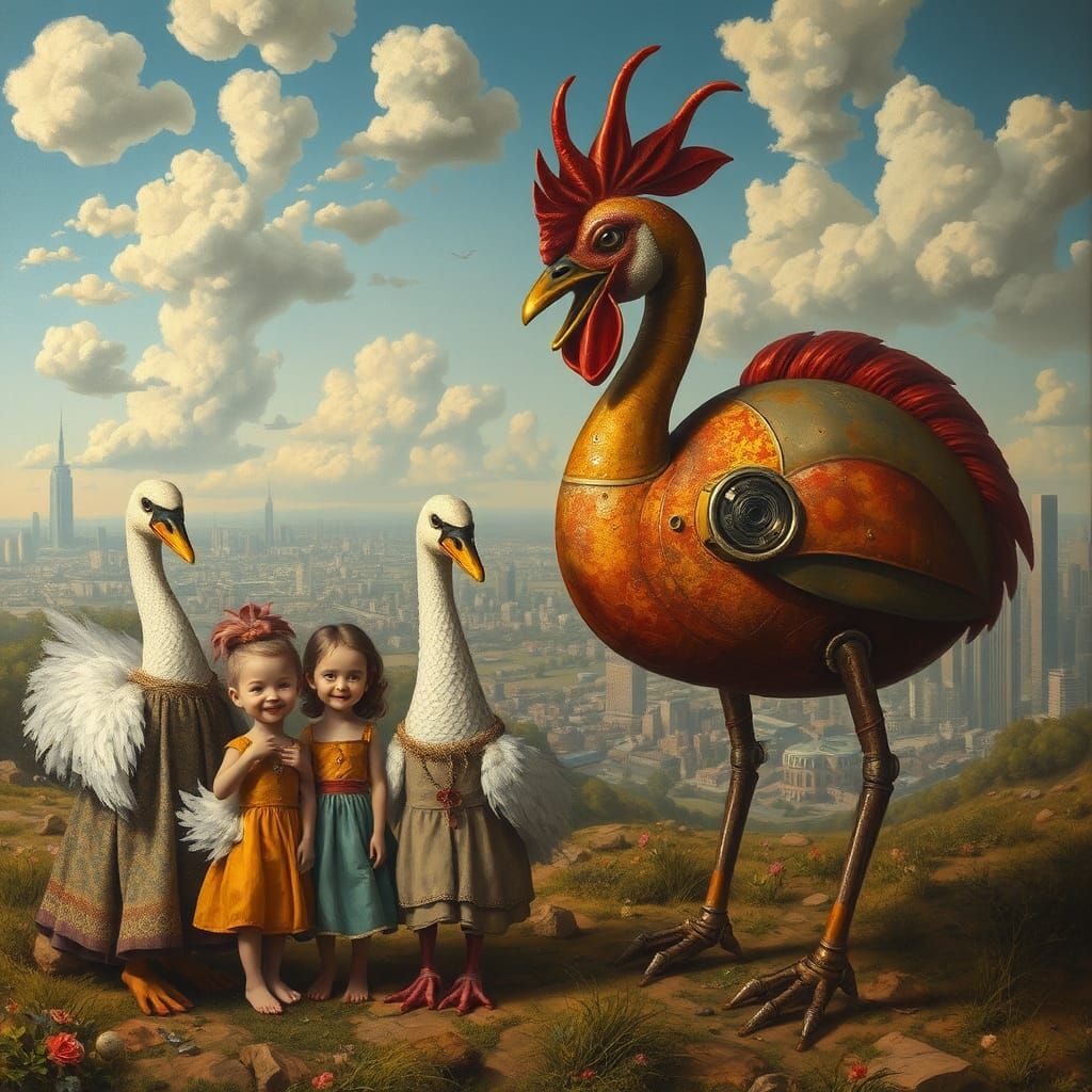 Surreal Swan Family in Dreamlike Cityscape