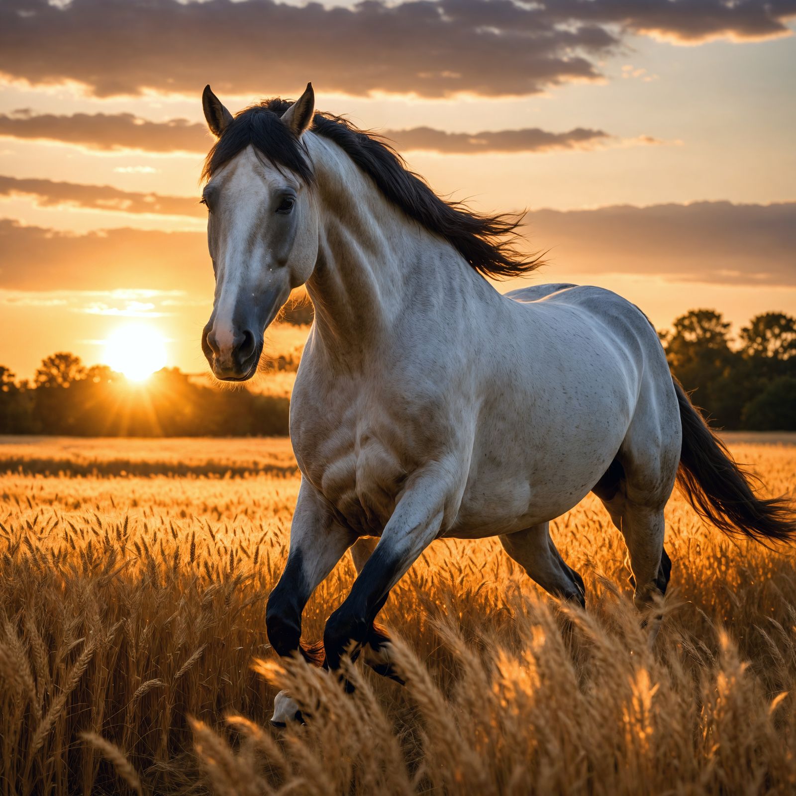 Majestic Stallion Gallops Through Golden Wheat at Sunset in ...