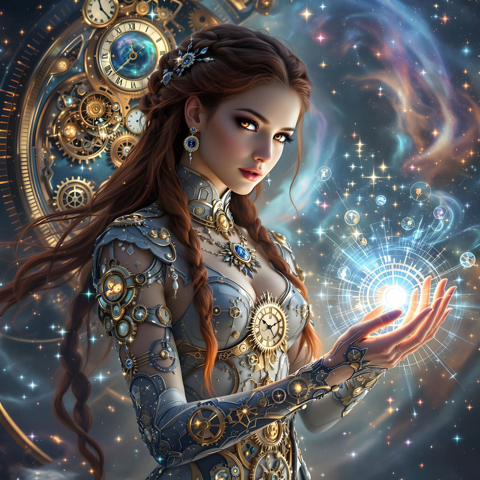 Timeless Craftswoman: A Cyberpunk Clockmaker's Masterpiece