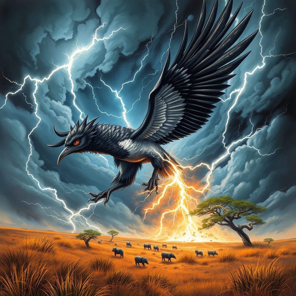 Majestic Black and White Thunderbird Soars Over Stormy Afric...