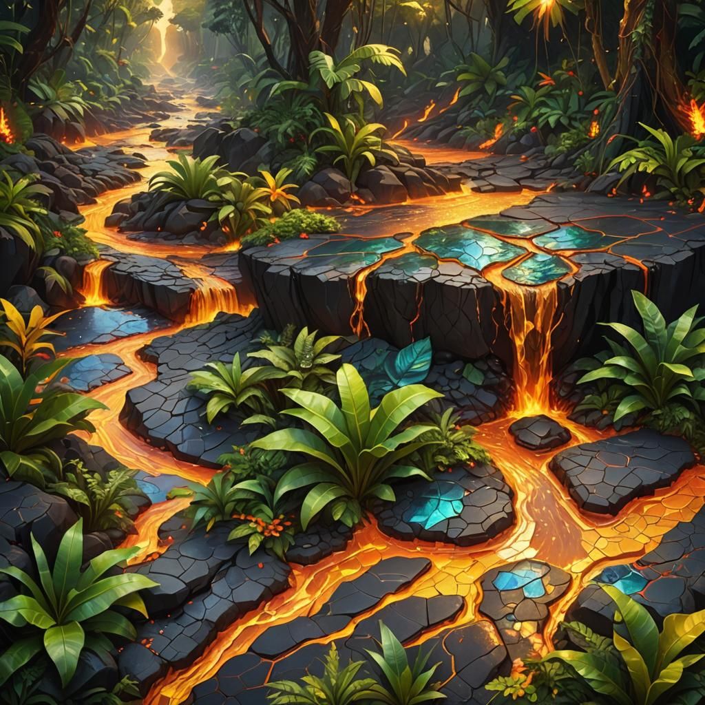 Mosaic Lava Flows Through Amazon, Oil Painting