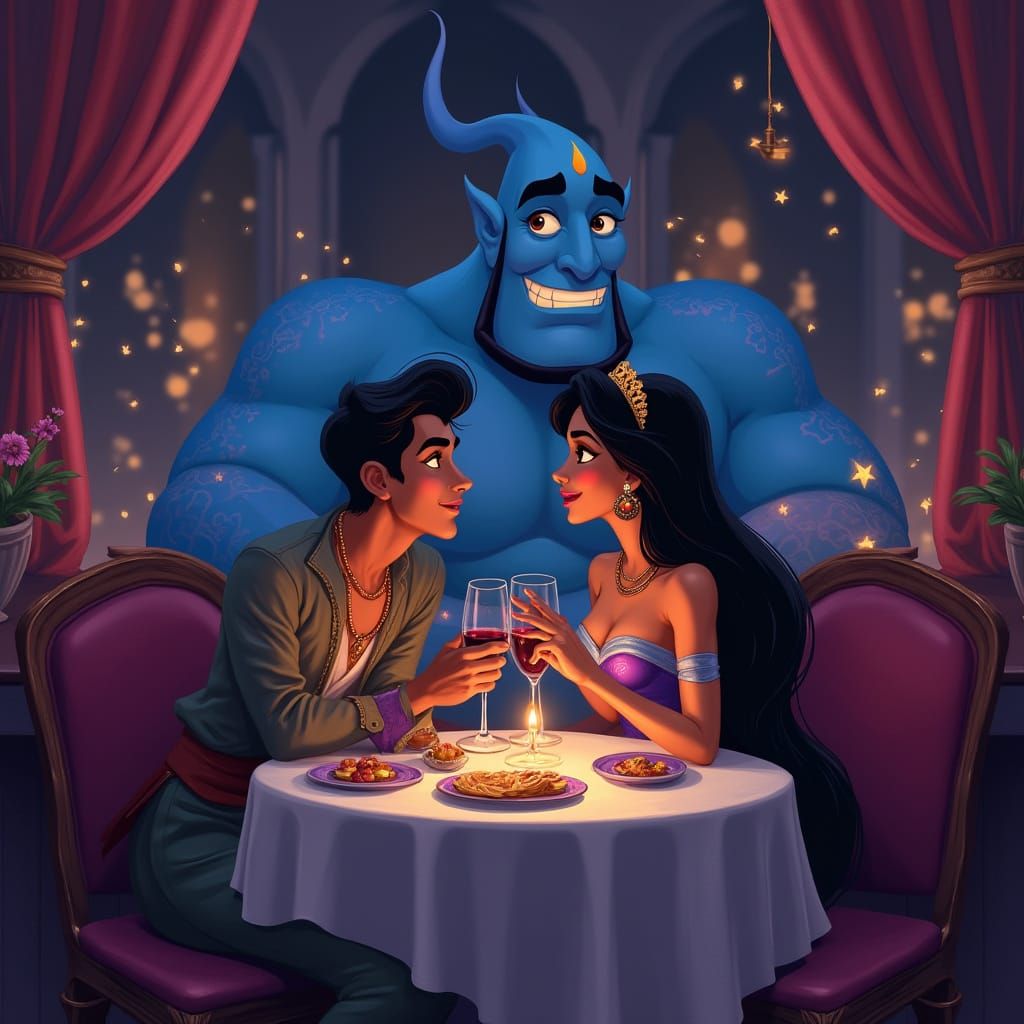 Mid-Eastern Princess and Genie Share Romantic Dinner