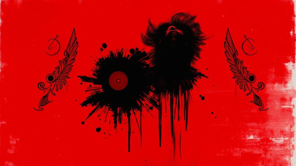 Woman in Shadows Amidst Tribal Symbols and Broken Vinyl