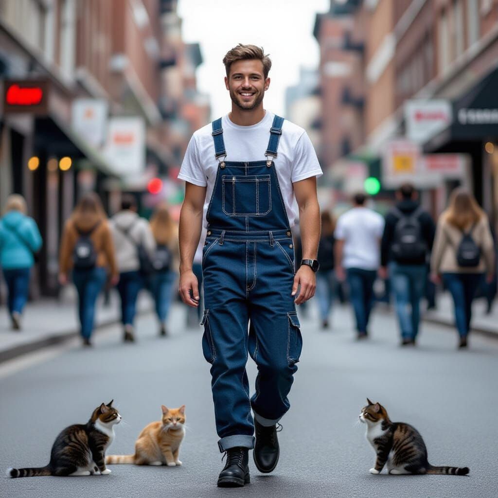 Carefree Man with Bowl Cut Walks Busy City Street