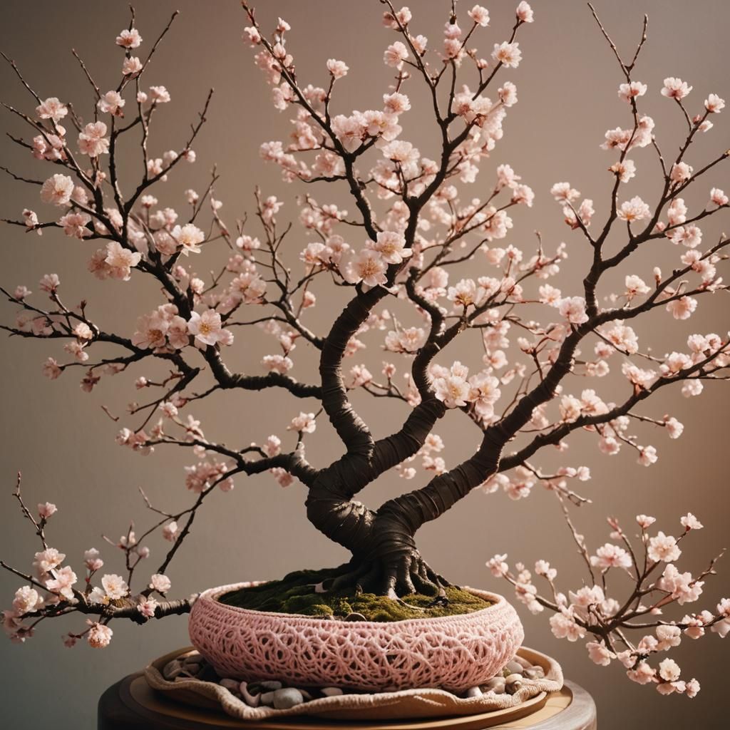 Crocheted Cherry Blossom Bonsai in Golden Light