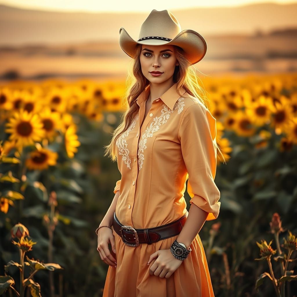 Cowgirl with Emerald Eyes in Sunflower Field