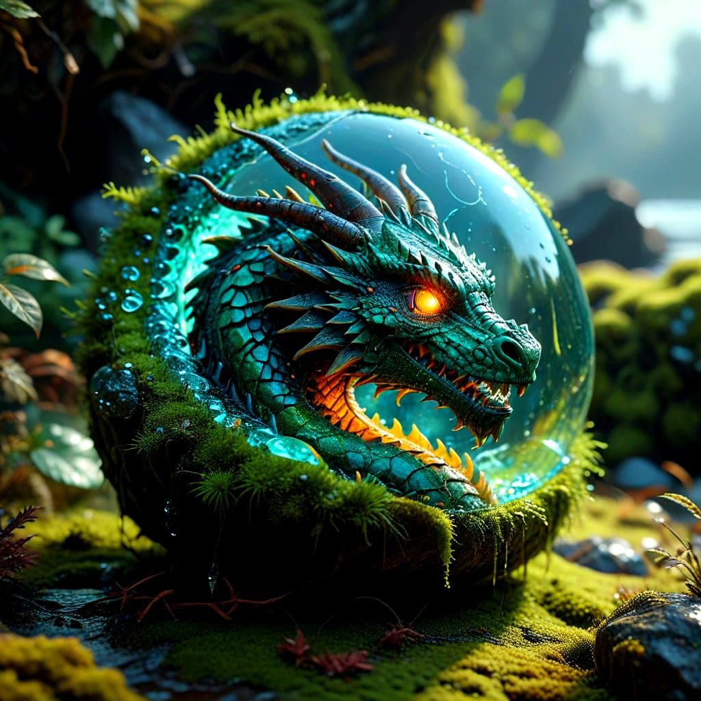 Dragon Carved in Wavellite Stone on Moss Bed