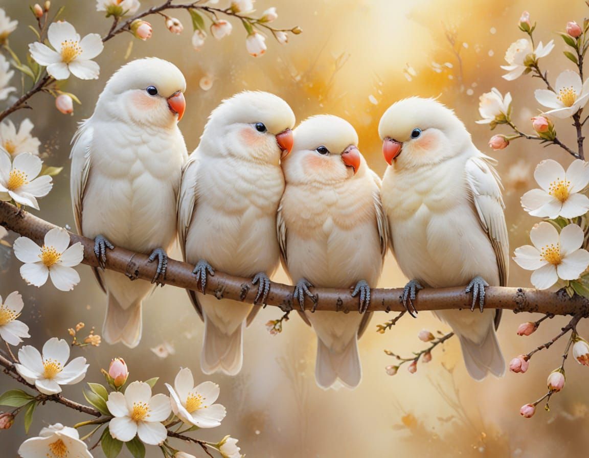 Lovebirds on Blossoms: Impressionist Watercolor Painting