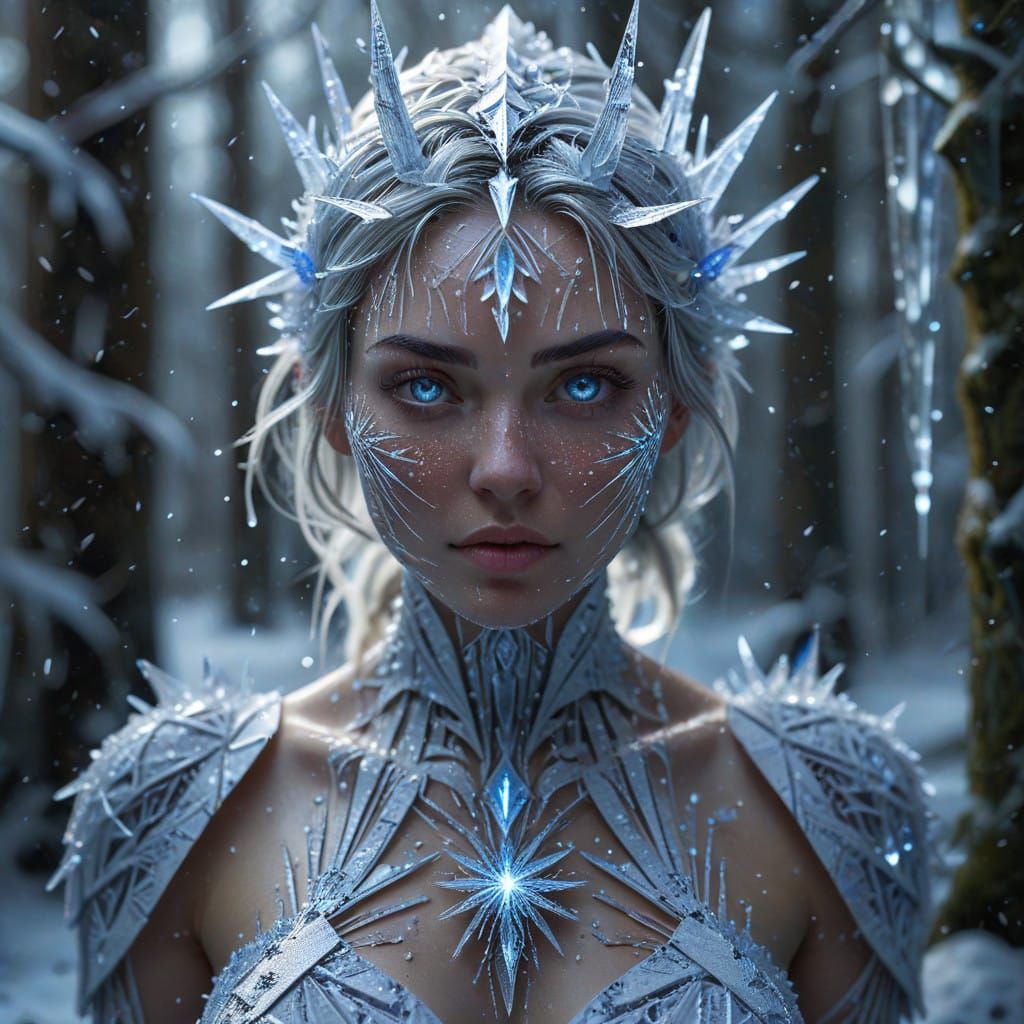 Photorealistic Ice Queen in Frozen Forest