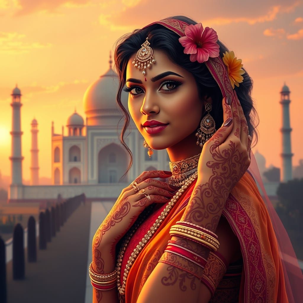 Indian Model in Ethnic Attire with Henna and Floral Jewelry ...