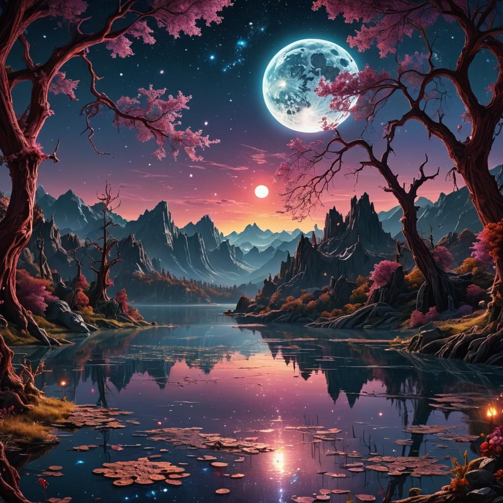 Cosmic Moonlit Lake: Fantasy Art in 4K