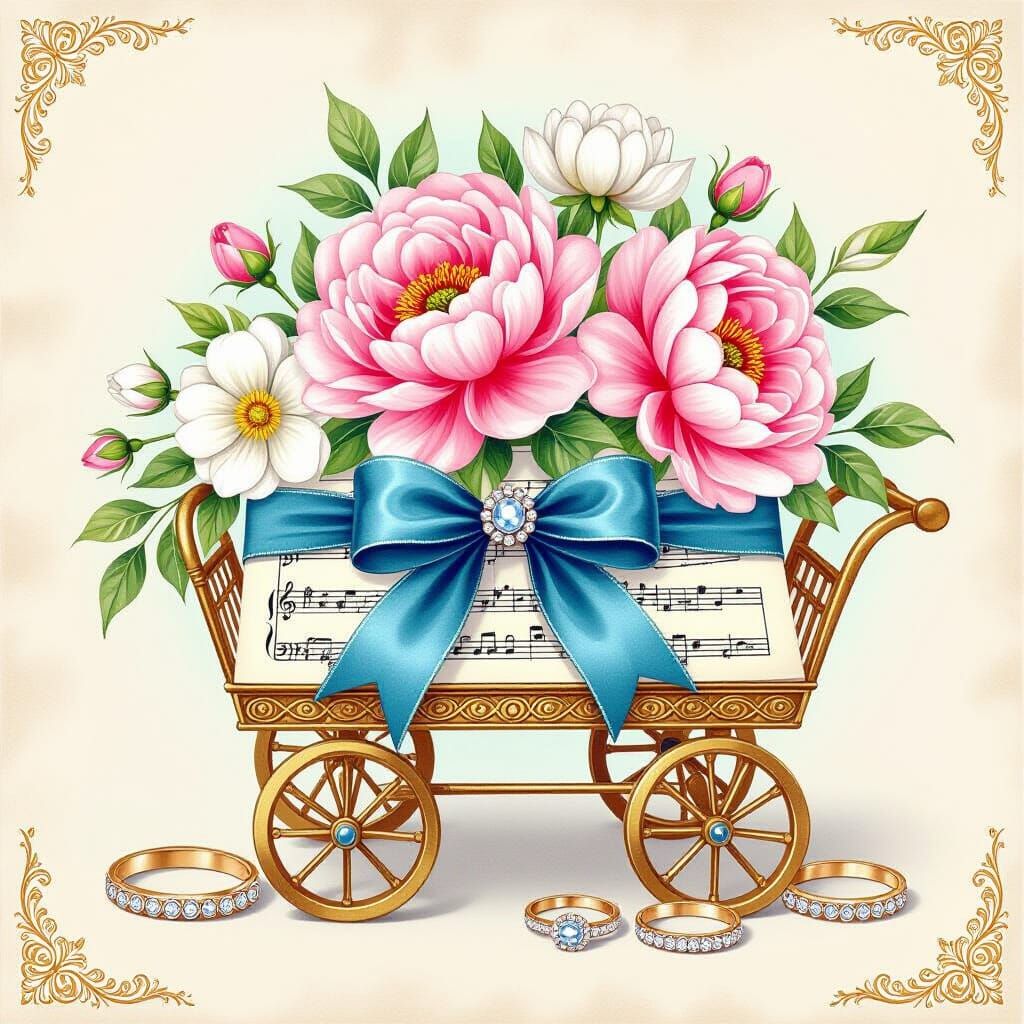 Postcard with Decoupage Music & Jewelry in Watercolor Style