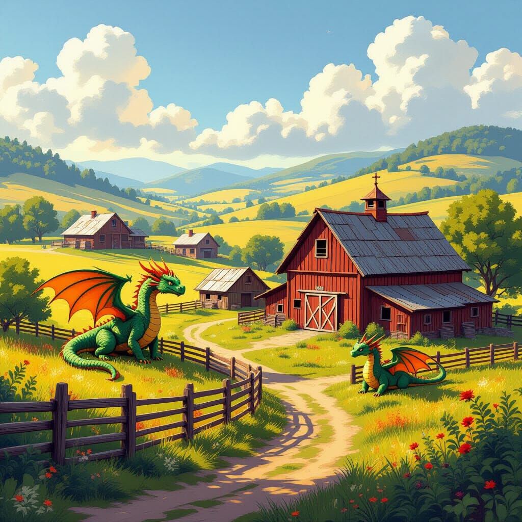 Dragon Ranch on City Outskirts: Whimsical Art