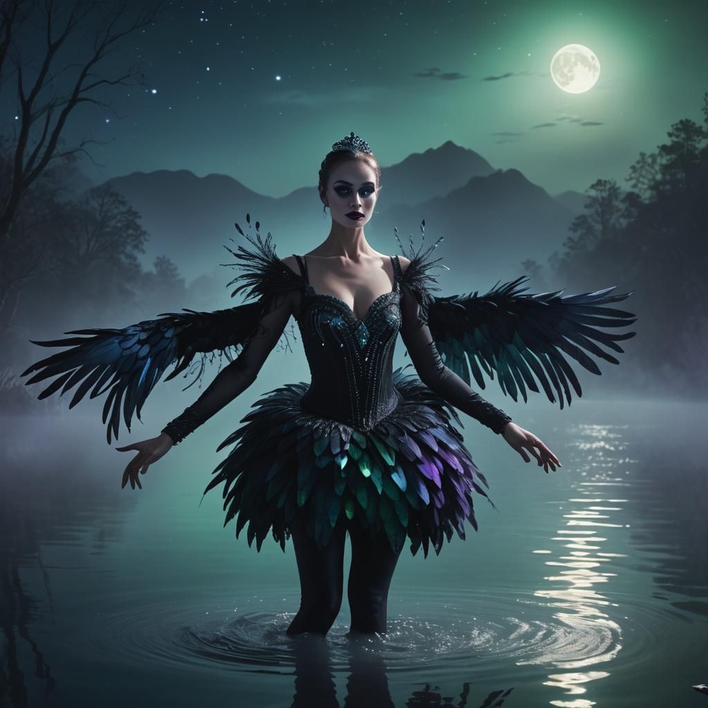 Black Swan on Misty Moonlit Lake