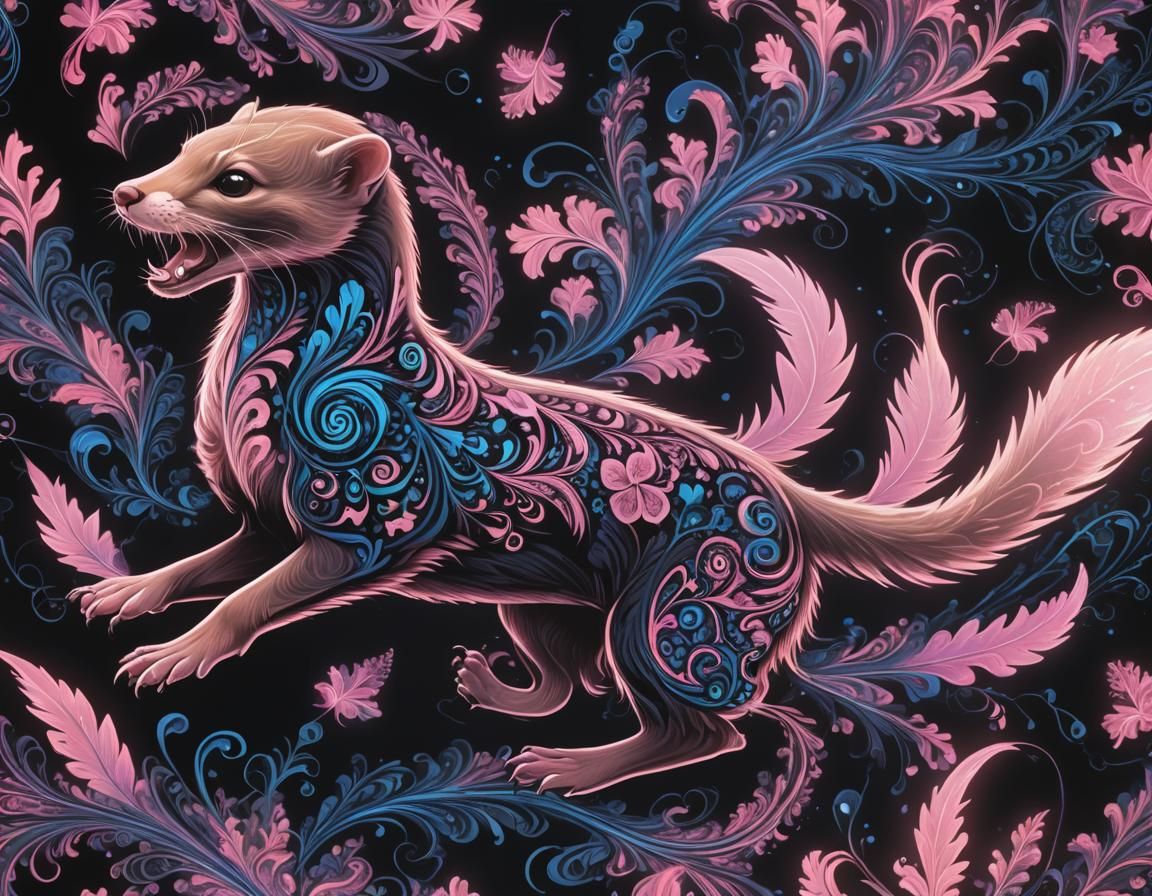 Weasel Running with Fractal Floral Patterns