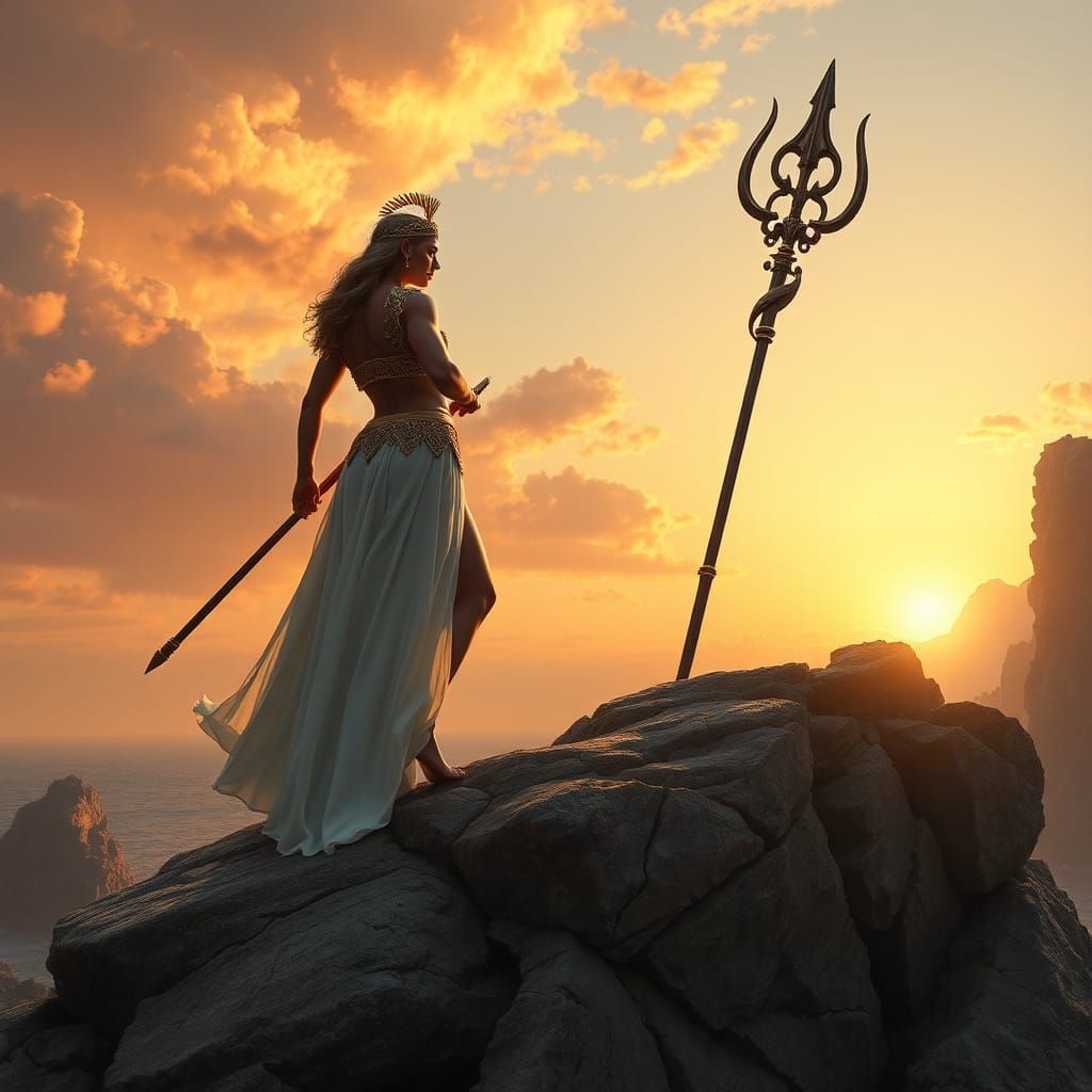 Athena Confronts Poseidon in Ethereal Landscape