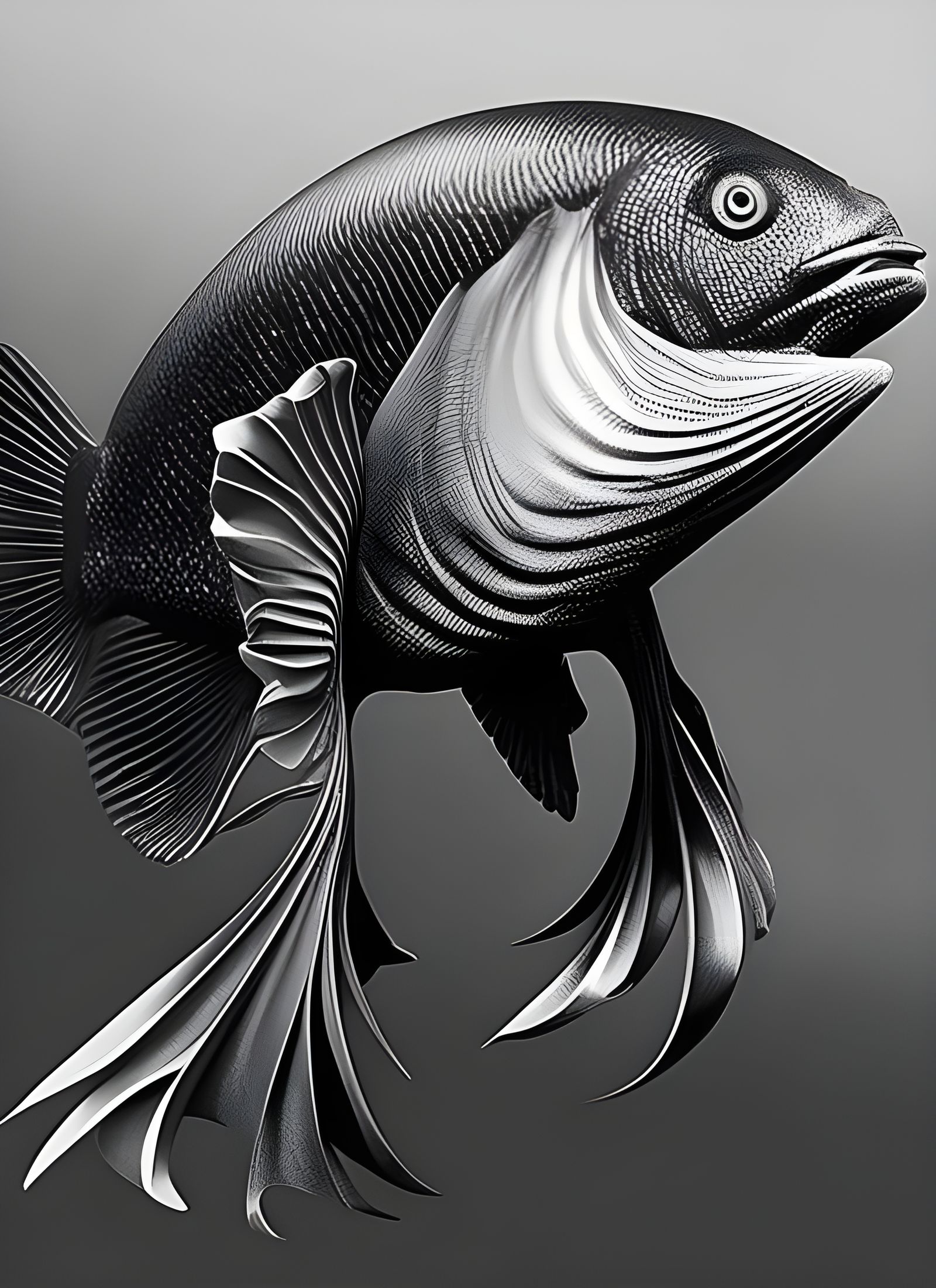 Detailed Black and White Fish in Hyperreal Style