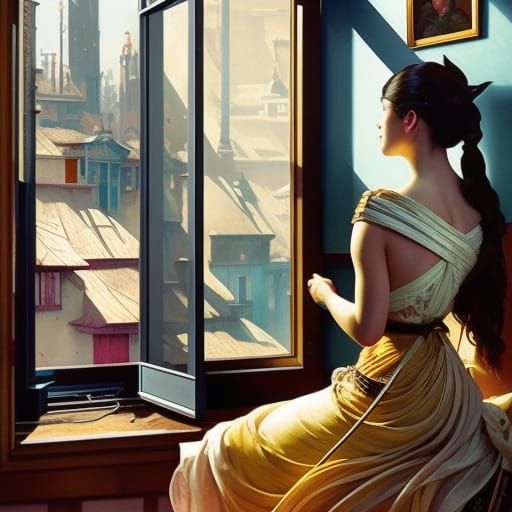 Girl Gazing From Window: Portrait Art