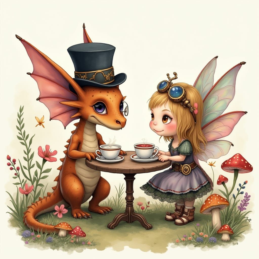 Chibi Gothic Dragon and Steampunk Fairy Tea Party