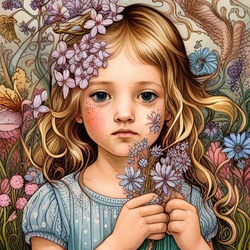 Toddler with Wildflowers: Magic Realism Portrait