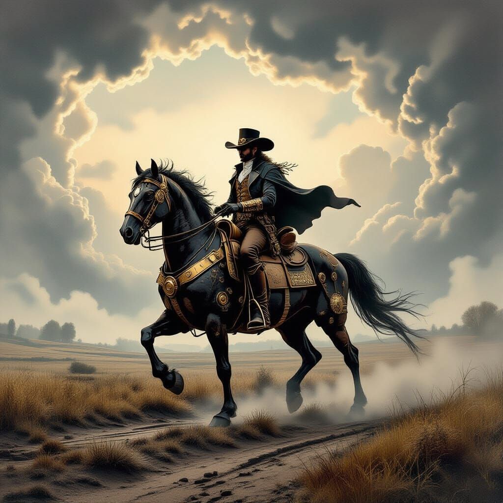 Steampunk Cowboy on Clockwork Horse in Victorian Fog