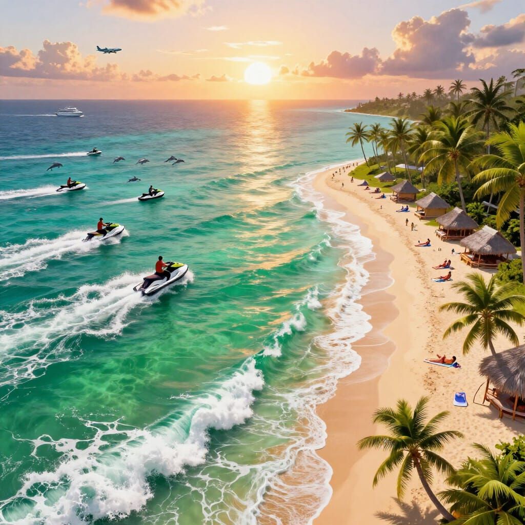 Tropical Island Paradise Sunset with Crashing Waves