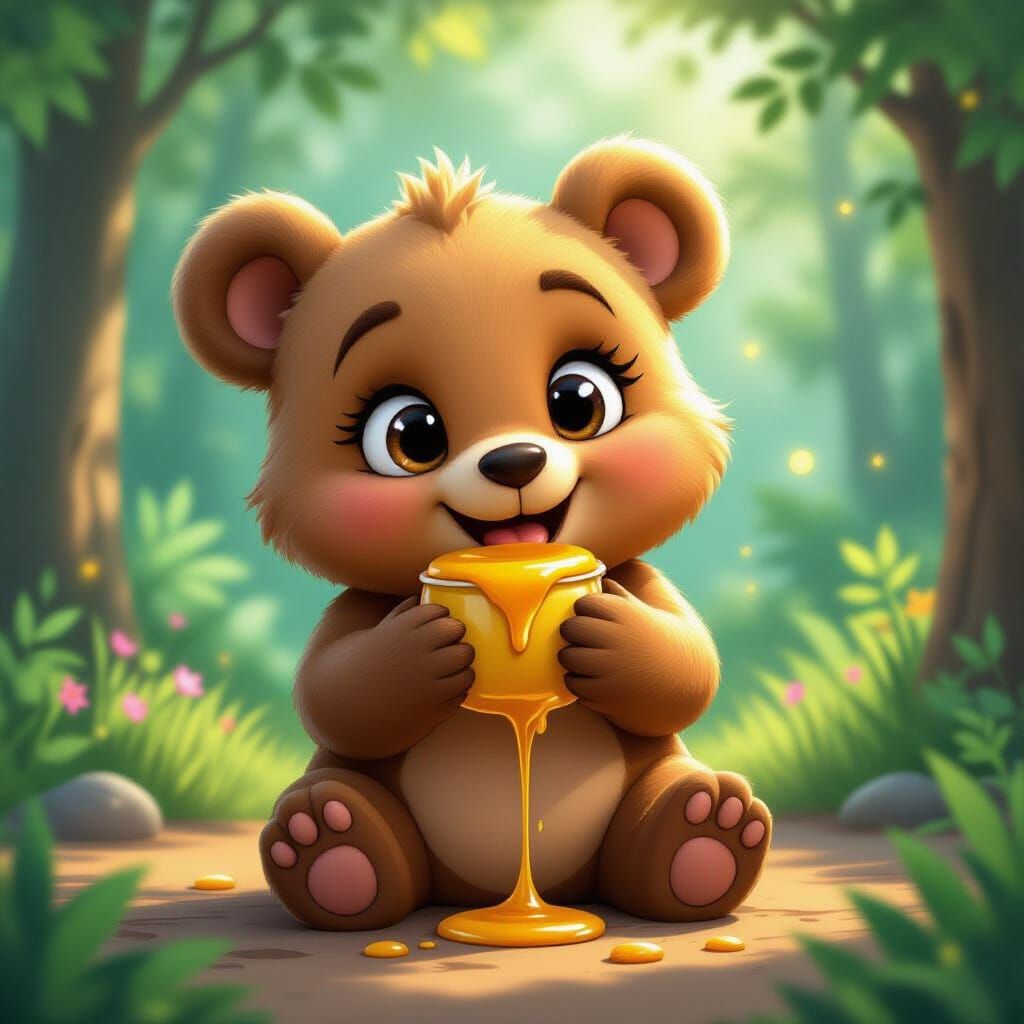 Cute bear eating honey in forest