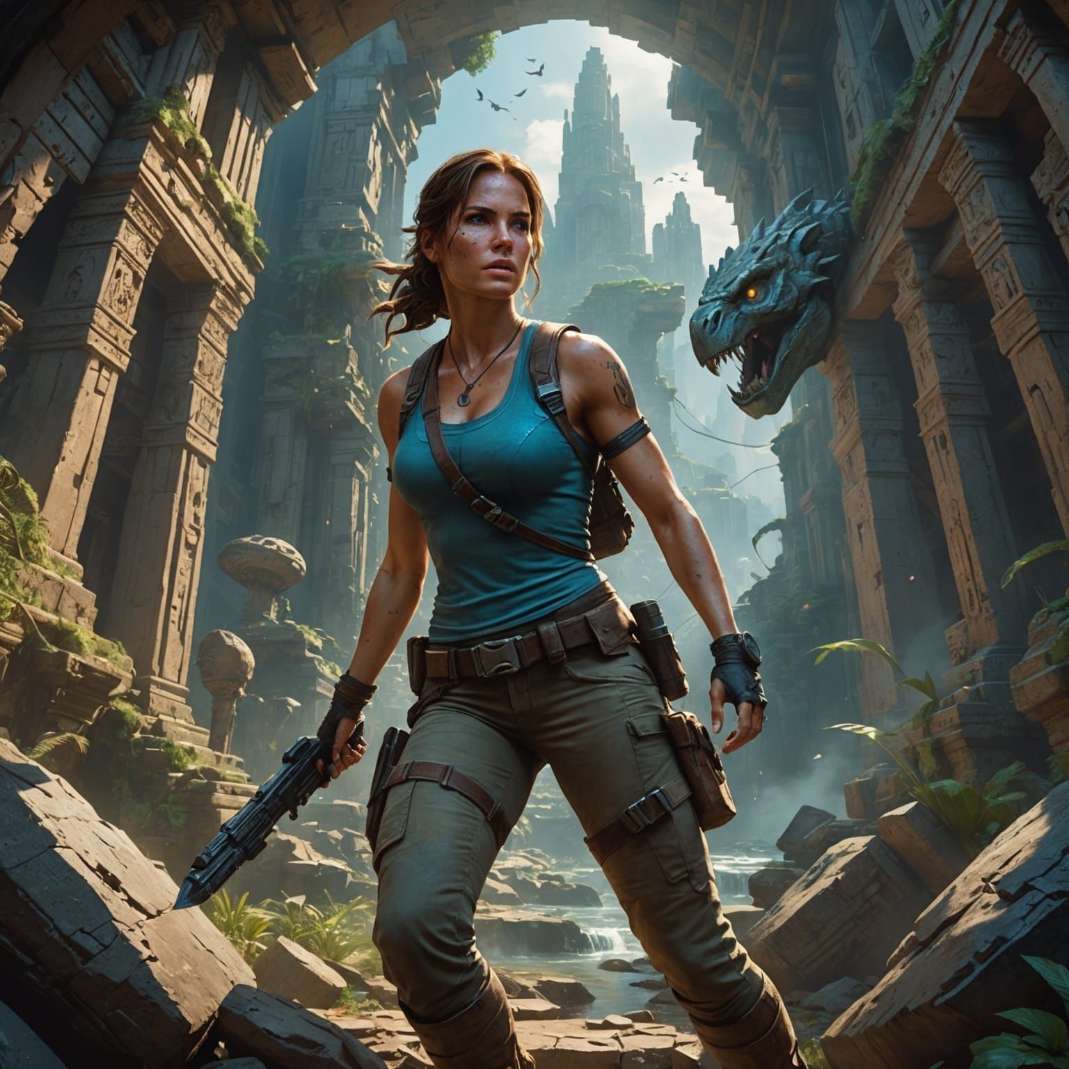 Cosmic Lara Croft: Camera Angle: Action shot from below, cap...