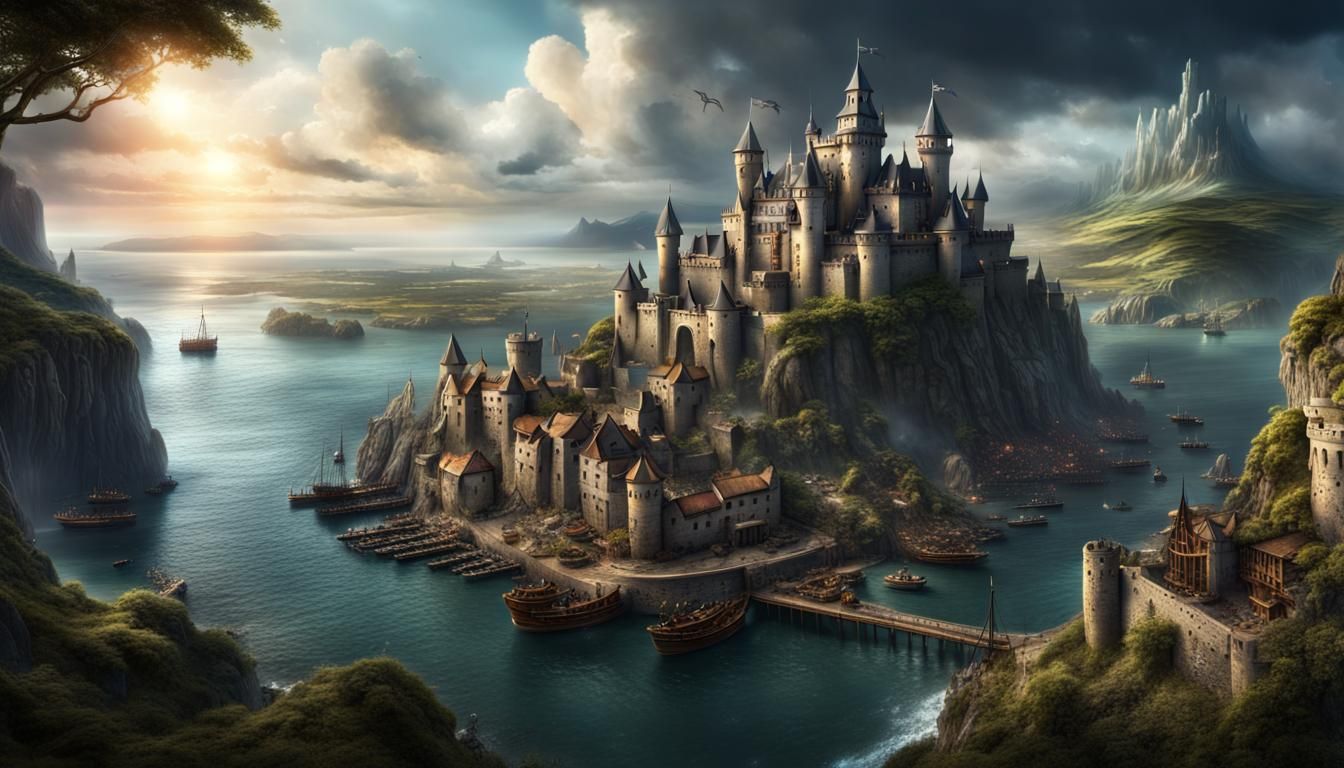 Epic Fantasy Castle and Pirate Ships Digital Painting