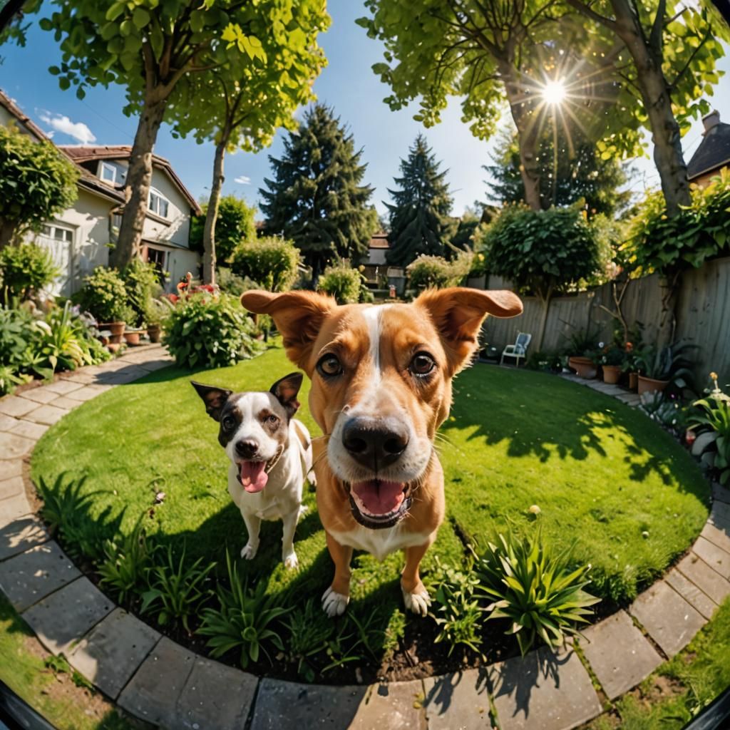 Playful Dogs Licking Fisheye Lens in Garden