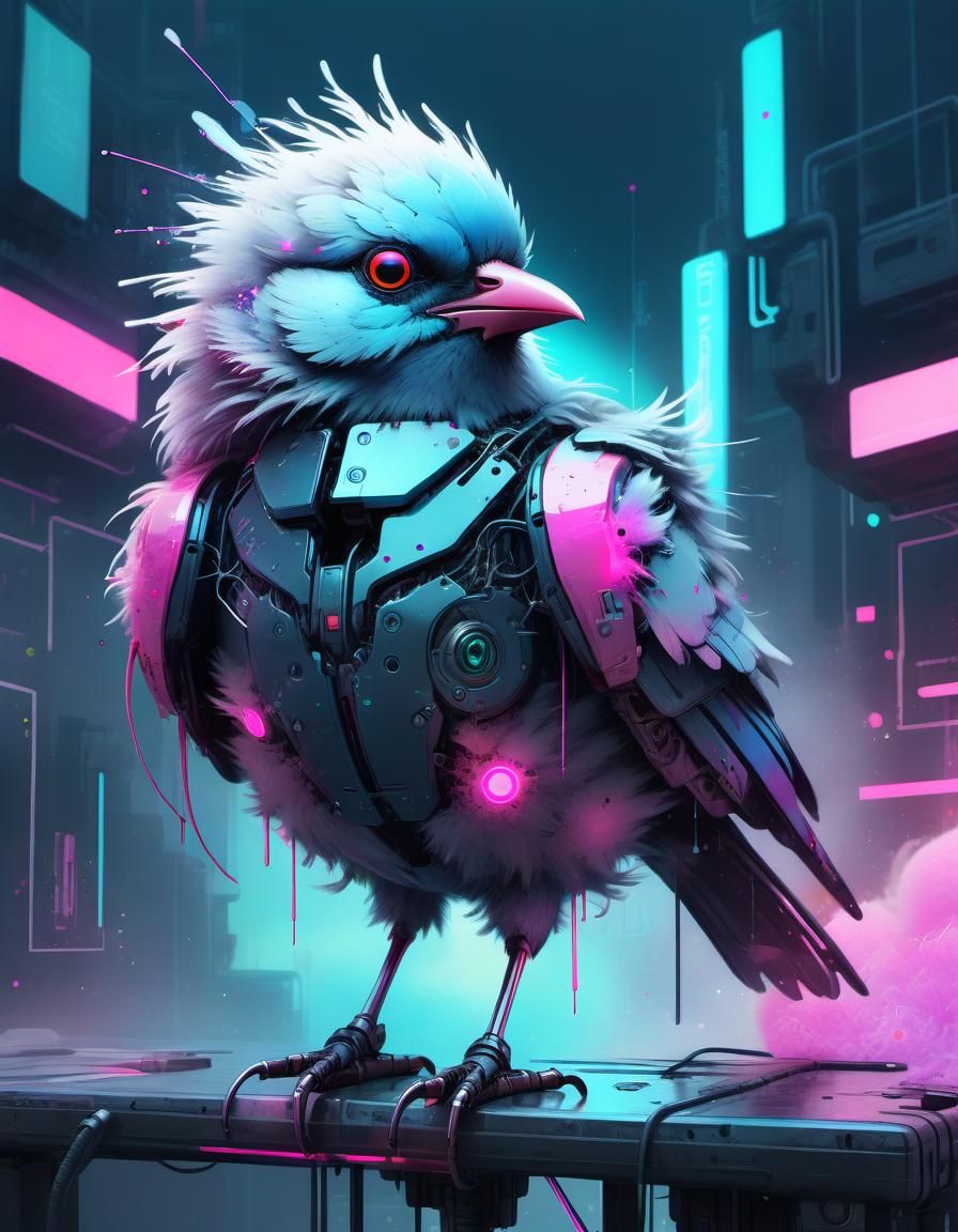 Cyberpunk Bird with Cybernetic Implants in Vaporwave Style