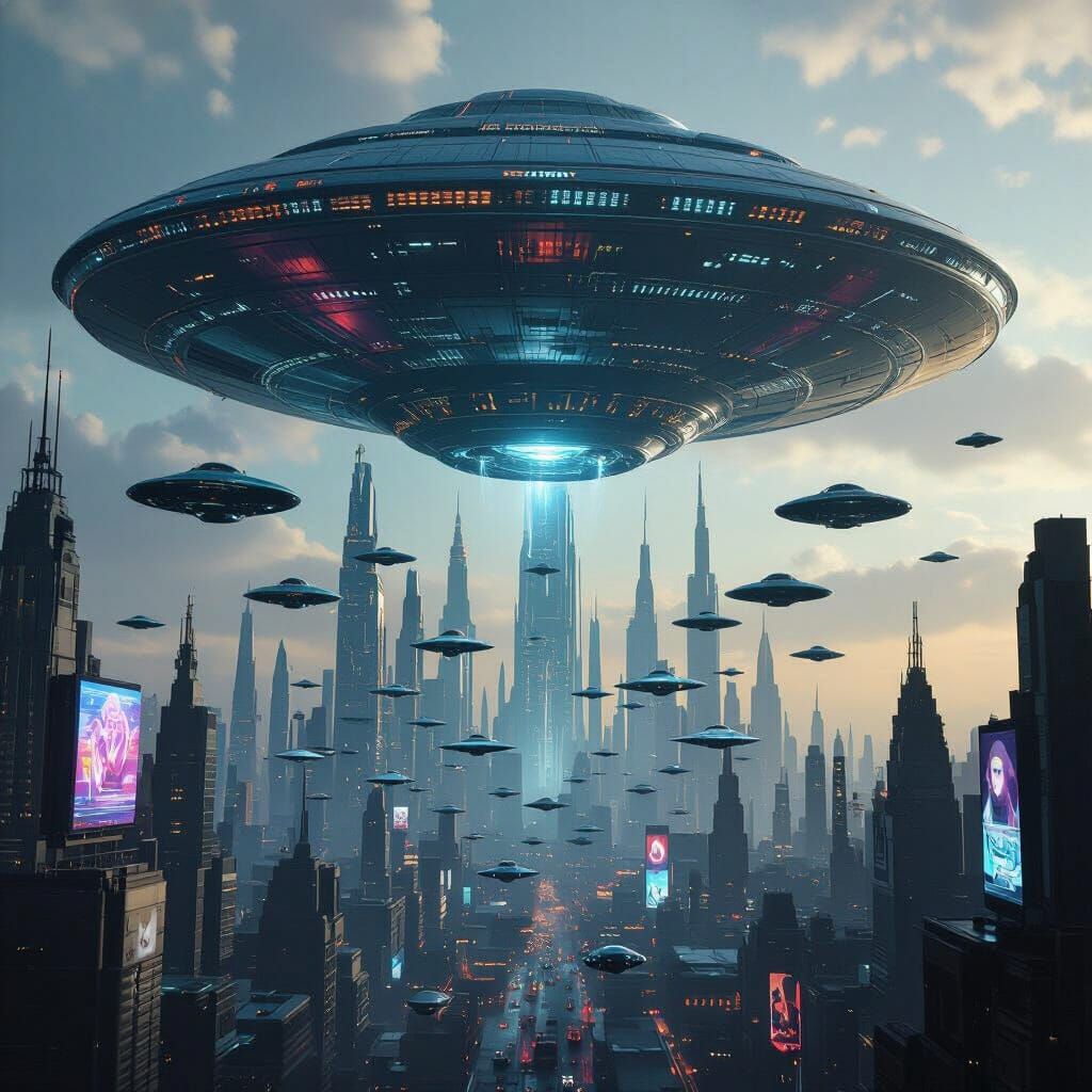 Alien Mothership over Futuristic Cityscape in Cyberpunk Styl...