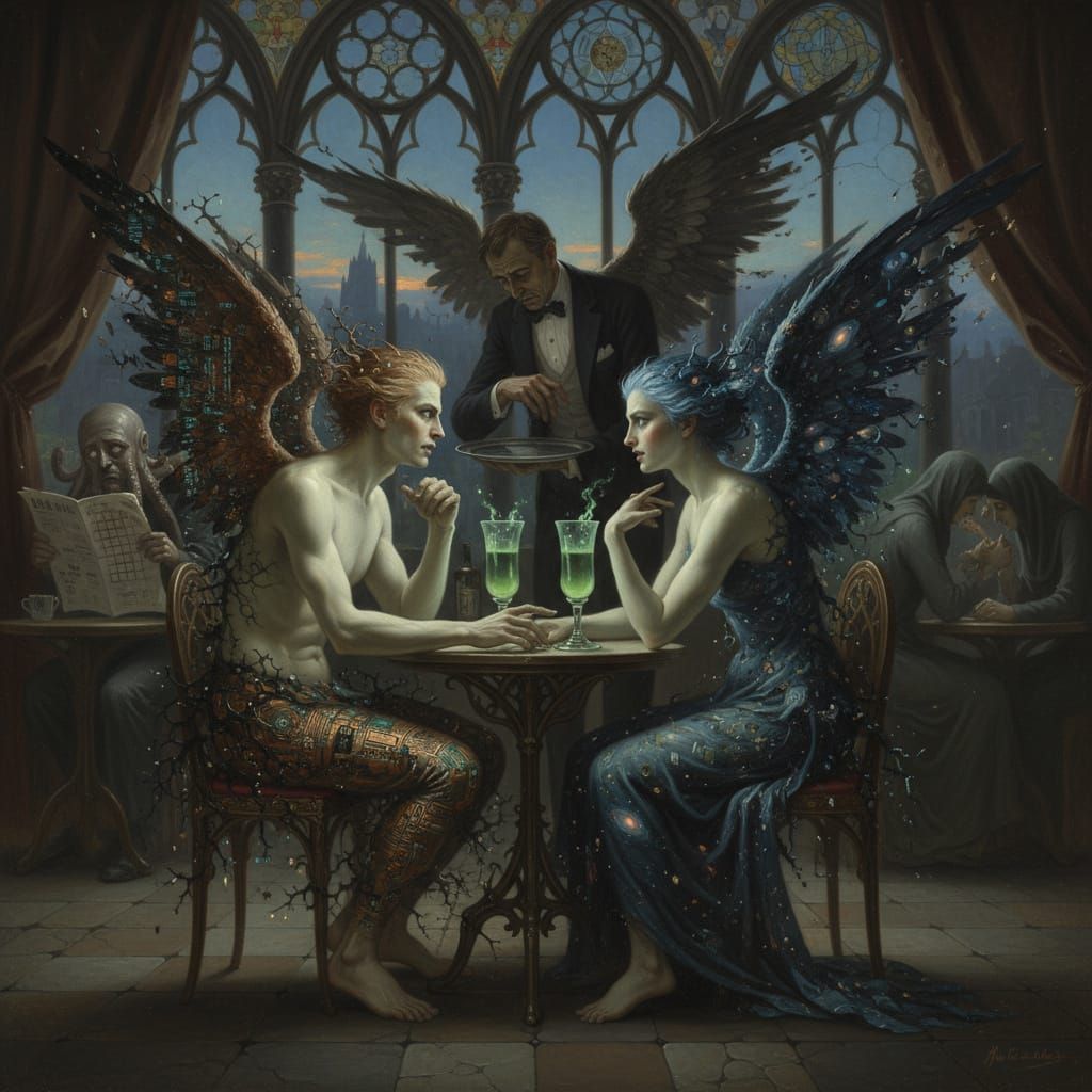 Fallen Angels in Gothic Cafe: Academic Painting
